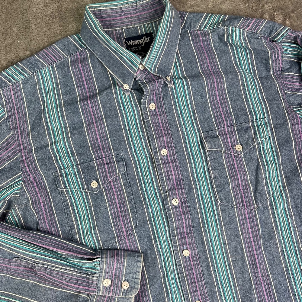Wrangler Western Shirt Men Large Regular Fit Cowboy Cut Striped X Long Tails VTG